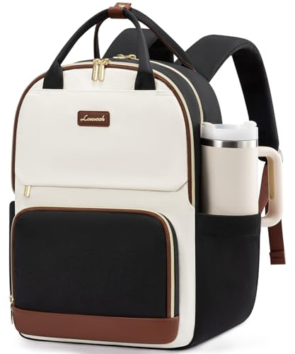 LOVEVOOK Rucksack Damen, 15.6 Zoll Laptop Schulrucksack Teenager mit Großem Flaschenfach, Uni Schultasche Travel Backpack Women Elegant, Arbeitstasche Tagesrucksäcke für Reise, Schwarz Beige Braun