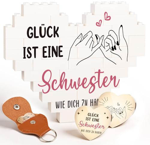 Giftota Schwester Geschenk - herzförmige Bausteine mit Glücksbringer - Geburtstagsgeschenke für Schwester