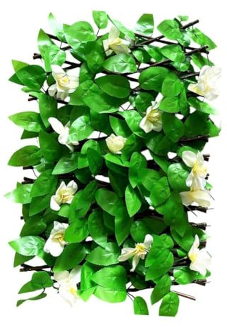 Clôture de lierre artificiel - Extensible - 40 cm de haut x 20-200 cm de large - Brise-vue d'extérieur avec feuilles vertes réalistes et fleurs blanches - Pour Gar