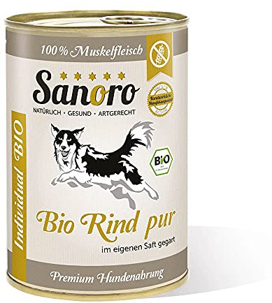 Sanoro Bio-Rind pur 100% Muskelfleischanteil, salzfrei - Premium-Hundefutter in Bio-Qualität - singleprotein (12 x 400 g)