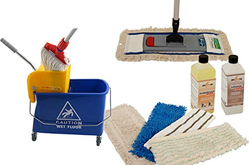 Axis Line Premium Wischmopp-Set 10-teilig - Inklusive 40cm Wischer, 17L Fahreimer mit Presse, 5 Mopps & 2 Reinigungsmittel, für alle Bodenarten