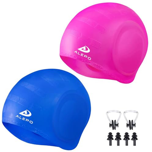 Confezione da 2 cuffie da nuoto unisex con protezione per le orecchie 3D, in silicone flessibile e resistente, per donne, uomini, bambini, adulti, cuffie da nuoto per capelli corti e lunghi, con tappi
