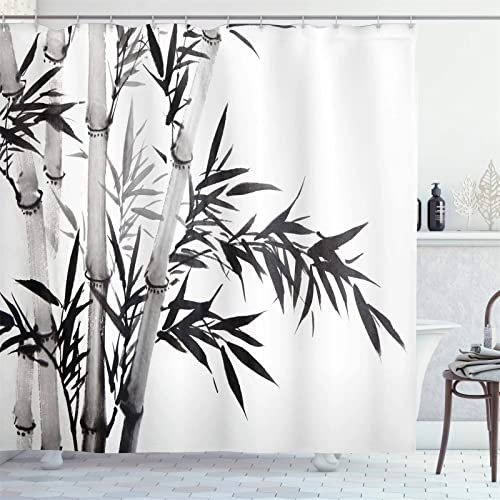 Duschvorhang 300x200cm ,Duschvorhänge Wasserdichter Anti-Schimmel Shower Curtains mit 12 C-Ringe,Verdickter Stoff,Waschbar Stoff 3D Duschrollo Badewanne Badezimmer Dekor Schwarzer weißer Bambus