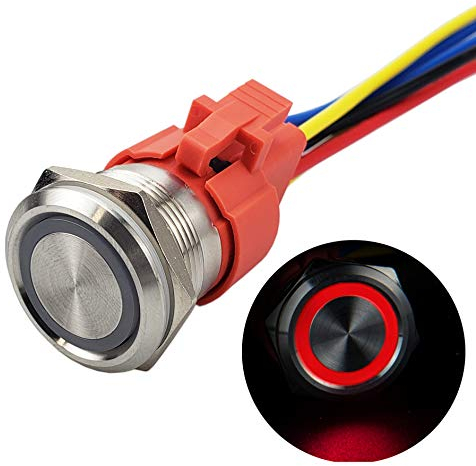 APIELE Neues 22MM Momentan Druckschalter 12VDC 10A, mit LED wasserdicht Momentary Drucktastenschalter mit vorverdrahtetem Stecker, Auto RV LKW Boot EIN/AUS Taste Schalter (Rot)