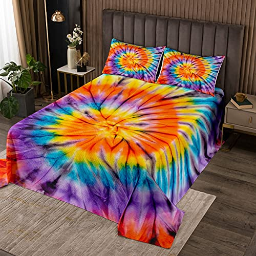 Buntes Boho Psychedelisch Strudel Bettüberwurf Tie Dye Drucken Vorhänge für Kinder Jungen Mädchen Hippie Bohemien Gypsy Tagesdecke 240x260cm Steppdecke Wohndecke Dekor 3St Mit Reißverschluss