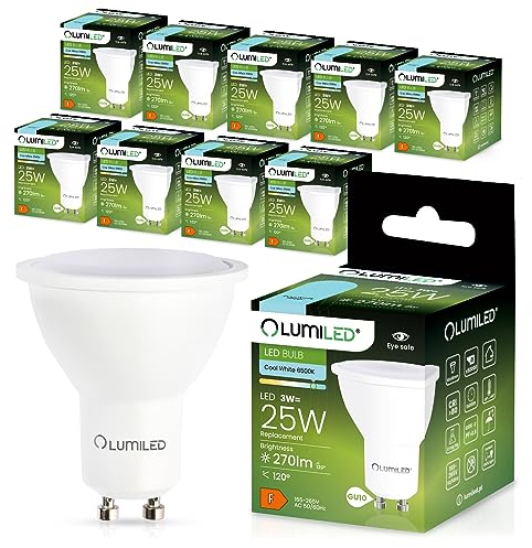 Lumiled GU10 LED, 3W 270 Lumen Leuchtmittel, 6500K kaltweiß Birne Lampe Strahler Spot, ersetzt 25W Halogenlampen, 120° Grad Strahlwinkel Reflektorlampen Reflektor 10 Stück Energiesparlampen