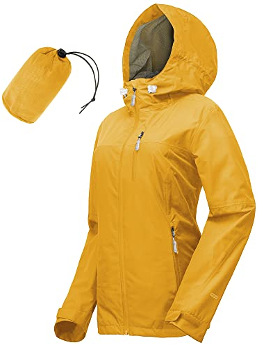 33,000ft Veste de pluie imperméable pour femme - Veste d'extérieur respirante - Veste légère à capuche - Coupe-vent pour la randonnée, les voyages, le trekking, le vélo, jaune doré, 40
