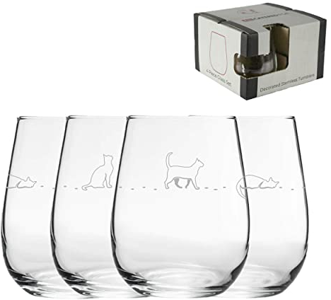Engraved Cat Pattern Stemless Wine Glasses, Set of Four 12oz/360ml Gaia Glasses, Laser Engraved in The UK, Gift for Her, Gift for Mum, Grandma, Mothers Day, Birthday
