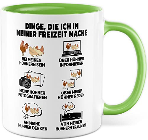 Hühner Tasse Henne Geschenkidee Kaffeetasse Huhn Geschenk für Hühner-Besitzer Kaffeebecher Hahn Becher (Weiß & Grün)