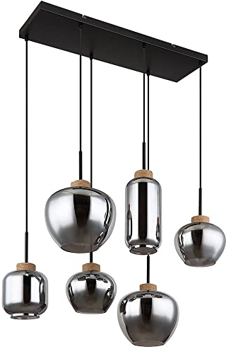 GLOBO Pendellampe Pendelleuchte Hängelampe Esstischleuchte, 6 flammig, Retro Rauchglas Metall schwarz Hanf braun, 6x E27 Fassungen, LxBxH 80x40x120cm