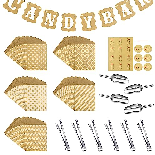 71 Stück Candy Bar Zubehör Set,Enthält 50 Stück Candy Bar Tüten 10 Sticker 6 Zuckerzange 4 Schaufeln und 1 Candy Bar Deko Girlande,Candy Bar Deko Set für Candy Bar Hochzeit Geburtstage Party
