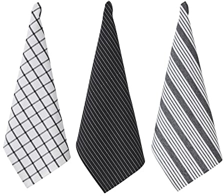 Penguin Home Set of 3 100% Cotton Kitchen Towels, Eco Friendly Sustainable Tea Towels Stylish with Different Pattern, Size - 50x70 cm Colour - Black & White Dish Towels