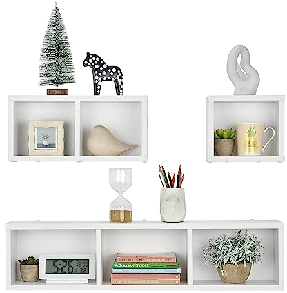 Danya B. Bauhaus Schwebende geometrische Cubby-Wandregale – Set mit 3 Größen – Würfelregal-Set zum Organisieren von Büchern, Zimmerpflanzen, Dekor und mehr (weiß)