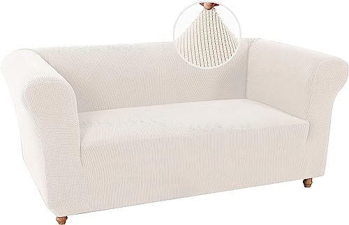 LINGKY Stretch Chesterfield Sofabezug 2 Sitzer Sofahusse mit Armlehne Spandex Jacquard Sofa Überwürfe rutschfest Sofa Überzug Waschbare Sofabezug für Haustiere (Elfenbein,2 Sitzer)