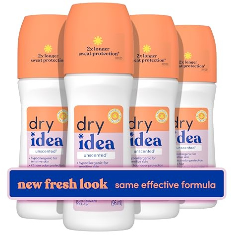 Dry Idea Unscented Roll On Deodorant & Antiperspirant for Women - Hypoallergenic for Sensitive Skin, 2X Longer Sweat Protection*, 72Hr Odor Control, Womens Deodorant, 3.25oz (Pack of 4)
