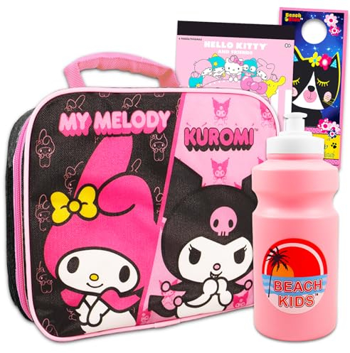 Hello Kitty My Melody and Kuromi - Lonchera para niñas, paquete con bolsa de almuerzo My Melody & Kuromi más calcomanías, botella de agua, más | Contenedor de almuerzo My Melody & Kuromi