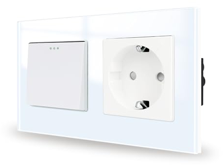 JIMEIDA Lichtschalter mit Steckdose Weiß Unterputz 1 Fach 1 Weg Glas Steckdose Taste Schalter Wandschalter Kristall Kippschalter 157 * 86MM,10 Amp,250 V