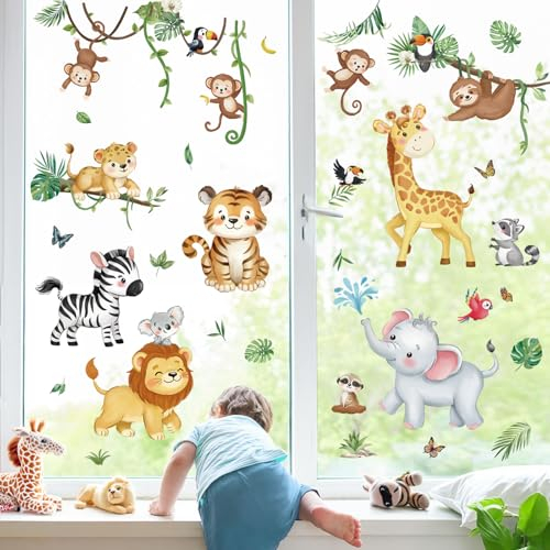 decalmile Pegatinas de Ventana Animales Verano Vinilos para Ventanas Mono León Hojas Verdes Anticolisión Vinilo No Adhesivo de Pegatinas Vidrio Ventana
