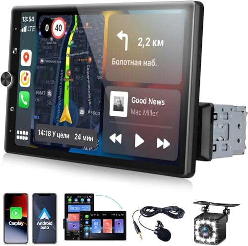 SIXWIN Radio Coche Bluetooth con Carplay et Android Auto, Autoradio 1 DIN con 10.4''Pantalla Táctil Reproductor Multimedia con FM/USB/SD Enlace Espejo+Cámara Visión Trasera