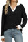 Gemulate Black Jumpers for Women UK Ladies Long Jumpers Fine Knit Ribbed V-Neck Jumpers for Women Lightweight Sweatshirt Winter Tops for Women UK Clearance -Black, L
