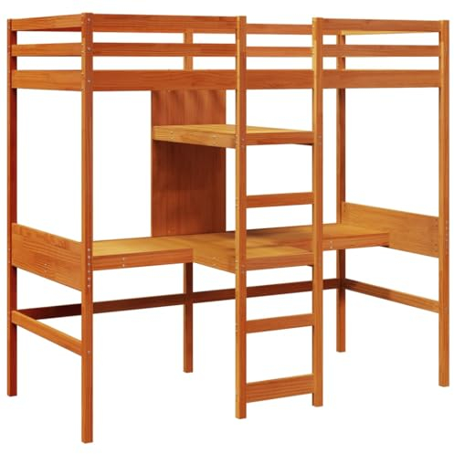 vidaXL Hochbett mit Schreibtisch & Ablagen Braun 90x200 cm Kiefernholz