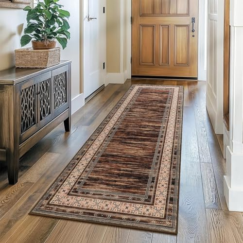 IMIYOKU Modern Braun Läufer Teppich für Flur Waschbarer Läufer Teppich Flur 65x240cm Bettvorleger Küchen Wohnzimmer Schlafzimmer Teppiche rutschfest Kurzflor Weich Flurläufer Teppichläufer
