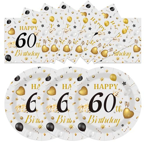 50PCS 60th Birthday Plates and Napkins, 7 Inch Premium Grey and Gold Happy Birthday Paper Dessert Cake Plates and Napkins Disposable Tableware Set Party Favors Party Decorations for Women Men