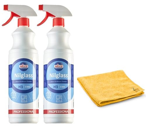 2 x 1L Nilco Nilglass H3 Glass & Mirror Cleaner 1L Smear Free Trigger Spray Quick Powerful Easy to Use Bottle For Sparkling Cars Home Window and more with Zopper Microfiber Cloth