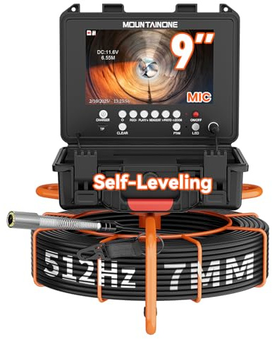 Sewer Inspection Camera with Self-Levelling, Drain Camera with Distance Counter, 9 1080P Monitor Industrial Endoscope with DVR & Audio, 30M Pipe Cameras 12 LED Lights, 512Hz Transmitter, 32GB Card