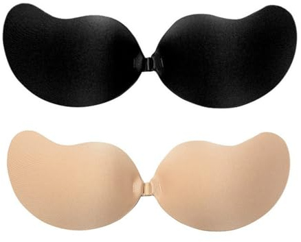 2 Pcs Stick on Bra Push up,Sticky Bra Self Adhesive Strapless Bras for Women,Invisible Backless Nude Black Silicone Bras Cups Women's Boob Lifter Beauty Braless Support,for Large Breasts Heavy Breast