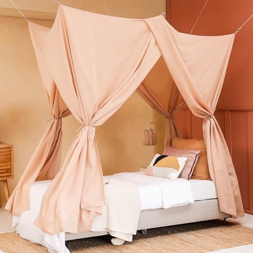 Nougat Betthimmel für Einzelbett & Kinderzimmer | Rechteckiges Moskitonetz | Dekorativer Baldachin für Bett | Kinder Himmelbett Vorhänge, 4 Öffnungen
