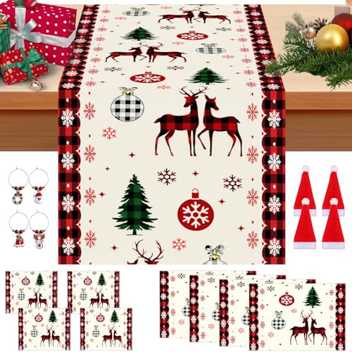 17 IN 1 Tischläufer Weihnachten und Vier Platzsets,Glasmarkierer,Weihnachtstischläufer Festliche,Tischdecke Tischdeko Weihnachtsdeko für Weihnachten Party Dekoration- (A)