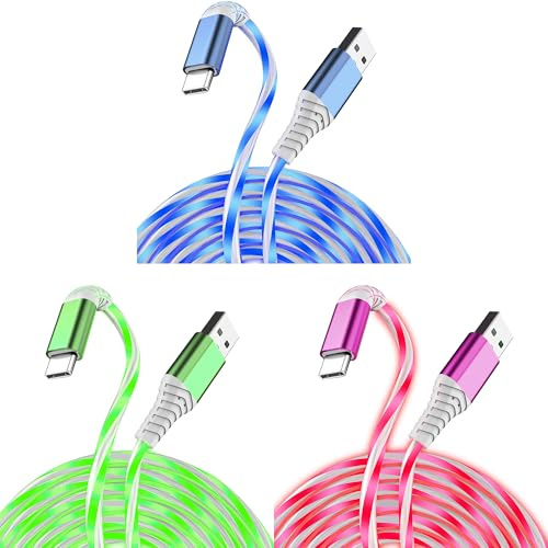 3-Pack 3.3FT USB C Charging Cables, Flowing Light Up Charger Cord, Compatible with Samsung Galaxy, iPhone 16/15, iPad, and More (Blue, Green, Pink with Red Light)
