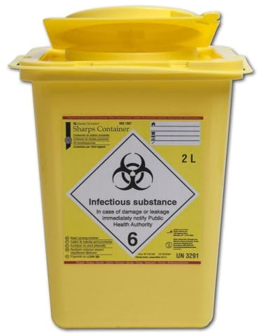 Henry Schein - Kanülenabwurfbehälter (2 Liter) für Spritzen, Nadeln & Skalpelle, stabile Sicherheitsbox mit Abdrehvorrichtung, rechteckig, gelb