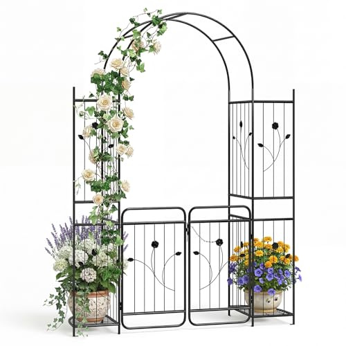 GYMAX Arche Jardin en Métal 220cm avec & 2 Étagères pour Plantes Grimpantes | Arche Treillis Décorée de Fleurs & Feuilles, Arcade d'Extérieur pour Pelouse, Patio et Mariage