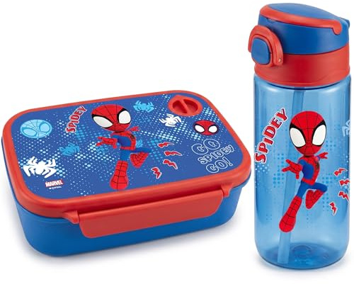 Diakakis Marvel Spidey - Juego de lonchera y botella de agua para niños, sin BPA, para niños y niñas, caja de sándwich de 800 ml y botella de bebidas de 500 ml para la escuela, viajes y días fuera