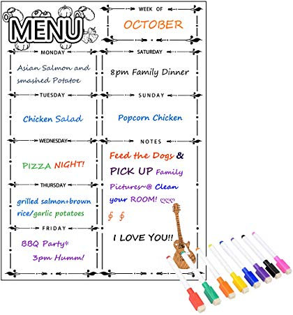 Fridge Dry Erase Board Calendar, Magnetic Refrigerator Dry Eraser Weekly Menu Meal Planner Family Calendar Organiser 16 x 12 Weekly Menu Planner with Grocery List and Notes (White)