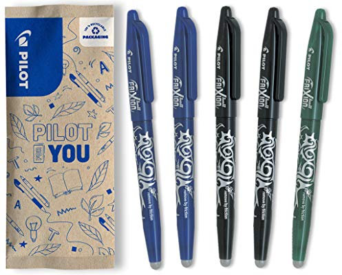 PILOT FriXion Ball 0.7 Set – 5 Stück – 2x Blau/Schwarz, 1x Grün – Radierbare Tintenroller 0,4mm Strichstärke, angenehme Schreibführung zum Schreibenlernen, thermosensitive Tinte, austauschbare Mine