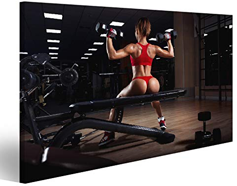 Bild auf Leinwand sexy junges Mädchen, das sich nach den Kurzhantel-Übungen ausruht. Fitness-Frau auf der Bank im Fitnesstraining mit Hant Wandbild Leinwandbild Kunstdruck Poster 80x40cm