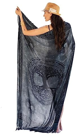NELUHA Sarong Tuch Damen Mit Saronghalter Pareo Wickeltuch Handtuchkleid Wickelrock Strandtuch XXL Tuch Männer Tree of Life Grau