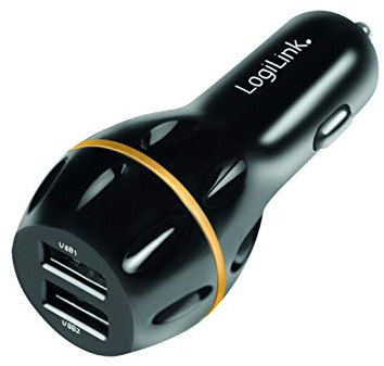 LogiLink PA0201 - KFZ USB Netzteil für Zigarettenanzünder, 2X USB Ports, mit QC (Quick Charge) V3.0 Technologie mit 19.5W mit Zusatzadapter (Micro-USB zu USB-C)