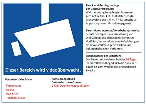 Videoüberwachung Kamera Hinweis nach DSGVO Datenschutz | DIREKT Hier Personalisieren | Selbstklebend Folie aus für Betriebe, Produktion & Kliniken (Aufkleber, 200 x 150 mm)