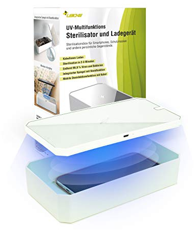 LEICKE UV Handy Sterilisator box | Überbrückungshilfe III möglich | tragbares UV Smartphone Desinfektionsmittel mit Wireless Charge | Ideal für Masken, Handschuhe, Brillen, Schlüssel, Schmuck usw.