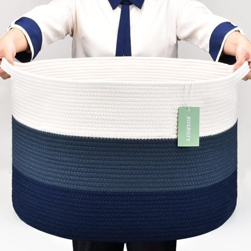 BOSROTY Extra Large Blanket Basket 87L, Laundry Hamper, Baby Nursery Hamper for Storage Toys Clothes Towels, Large Cotton Rope Laundry Basket for Girls Boys, 55 x 35 CM, White& Cadet Blue& Navy Blue
