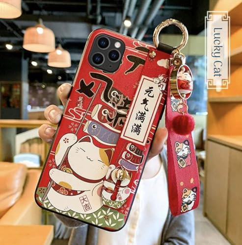 Yvonnecy Compatible iPhone 13 Pro Case with Phone Lanyard, 6.1 inch Cute Japanese Lucky Cat Design, Glitter Luxury Soft Silicone 3D Emboss Phone Case iPhone 13 Pro with Wrist Strap (Red)