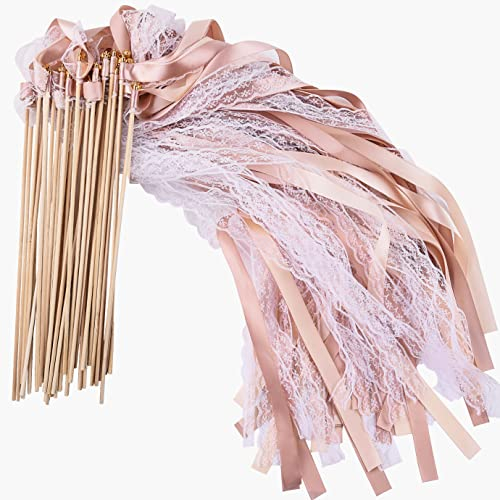 QUACOWW 30 Stück Ribbon Zauberstäbe, Seidenfeenstab Hochzeit, Hochzeit Luftschlangen mit Glocken, Zauberstäbe mit Bandglocken Feenstäbe für Hochzeit Mädchen Party (Champagner)