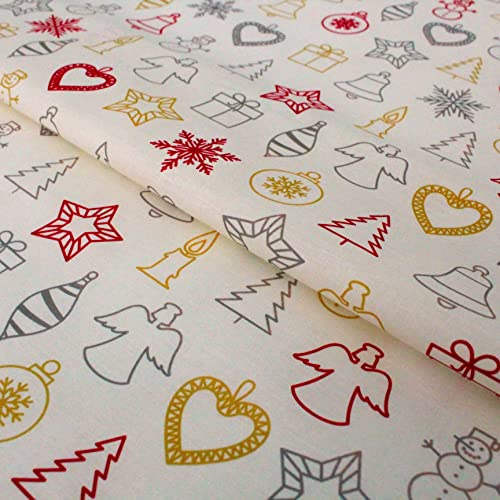 Stoff Meterware Weihnachten Winter Christmas Baumwolle - 1 Meter, Weihnachtsstoff, Weihnachtlich, Schnee, Deko (Baumschmuck Creme)