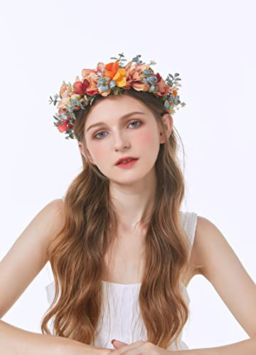 Brikuinr Floral Crown Wreath Flower Headband Halo Hair Garland Headpiece | Hair Wreath Boho for Halloween Renaissance Wedding Party Prom Cosplay Costume Masquerade, Bridal Shower, Photo Props, Beach