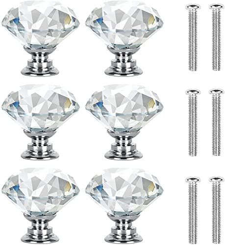 Diamant Kristall Möbelknöpfe 30mm Schrankknöpfe und Schubladenknöpfe 6 Stk | Praktische Knöpfe für Kommode, Hochwertige Kristallglas Schrankknöpfe, Geeignet für Küche Bad Wohnzimmer Hausmöbel