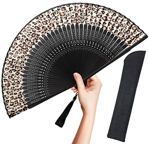 OMyTea Folding Hand Fan for Women - Foldable Chinese Japanese Vintage Bamboo Silk Fan - for Hot Flash, Church, EDM, Music Festival, Party, Dance, Performance, Decoration, Gift (Sexy Leopard)